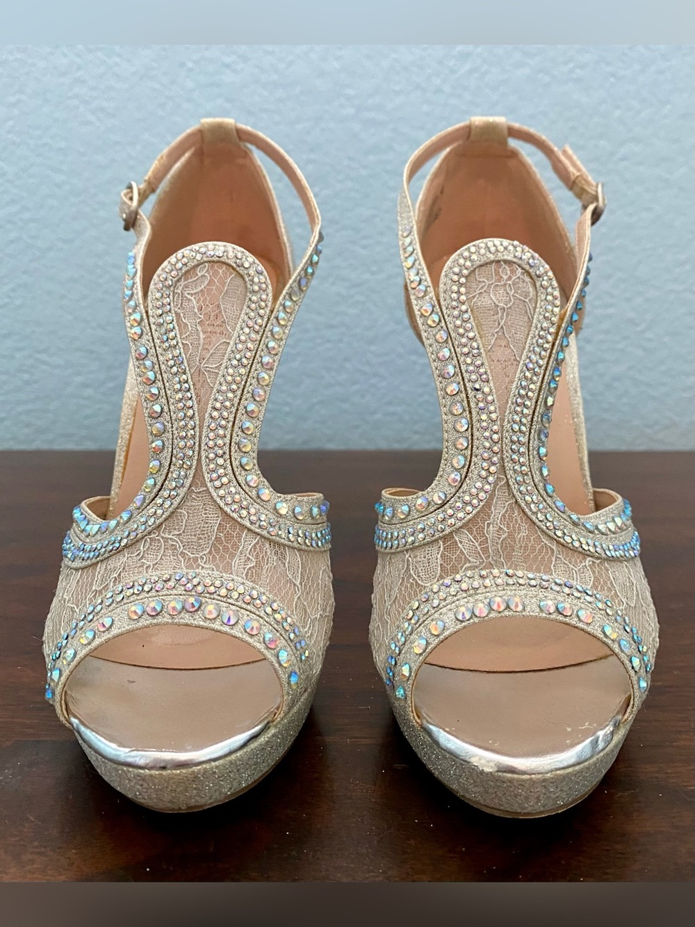 Elegant Silver Rhinestone Lace Peep-Toe Heels